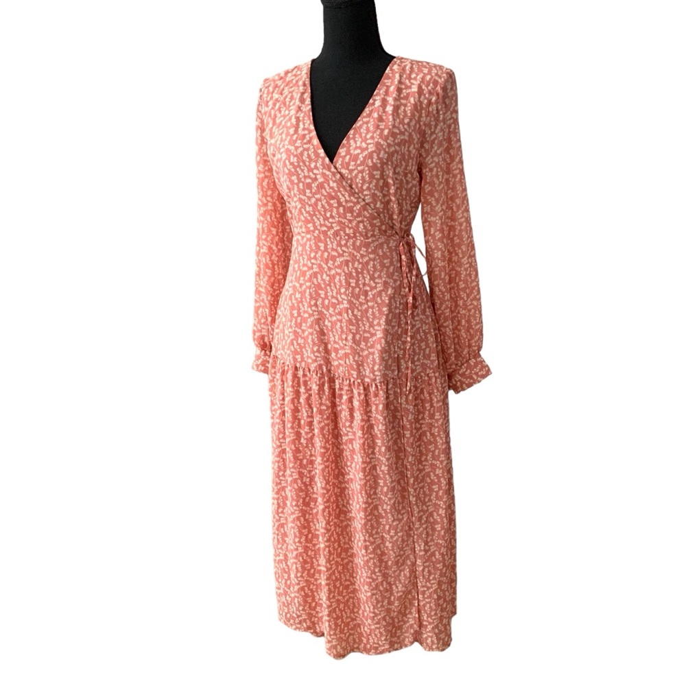 All in Favor xs pink floral wrap tie midi dress cottagecore